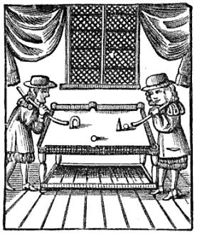 Engraving of early billiards game  