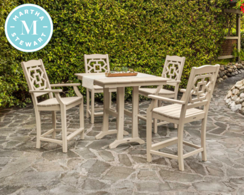 Chinoiserie 5-Piece Farmhouse Counter Set with Trestle Legs Outdoor Dining Furniture